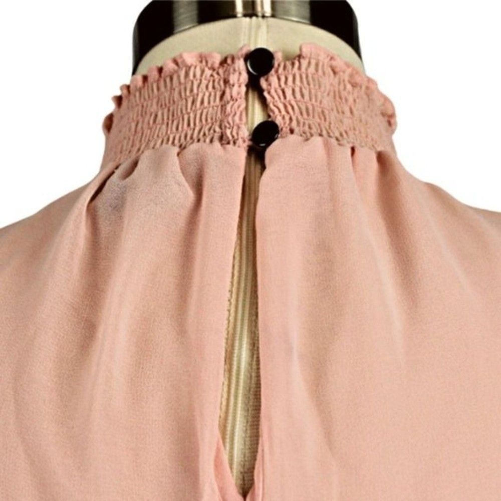 Top High Collar Ruffled Short Flutter Sleeves Keyhole Button Closure Pink Medium - Picture 4 of 6